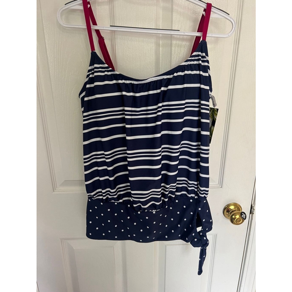 🔵 Women's Wide Band Blouson Tankini Top Electric Stripe NWE size 10 blue white - Picture 4 of 12